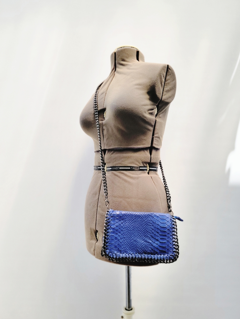 Dias Cobalt Blue Snake Embossed Silver Chain Trim Crossbody Handmade Bag Greece